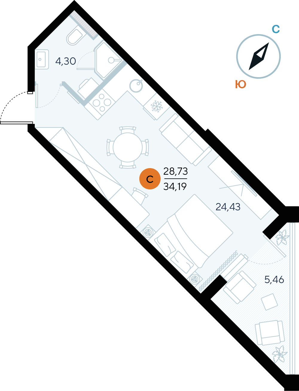 Планировка: Студия · 34,19 м²