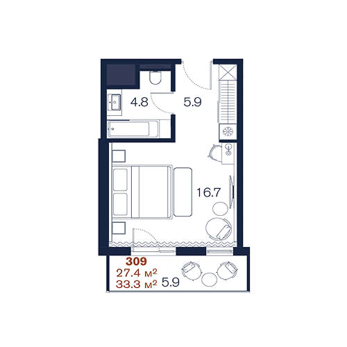 Планировка: Студия · 33,3 м²