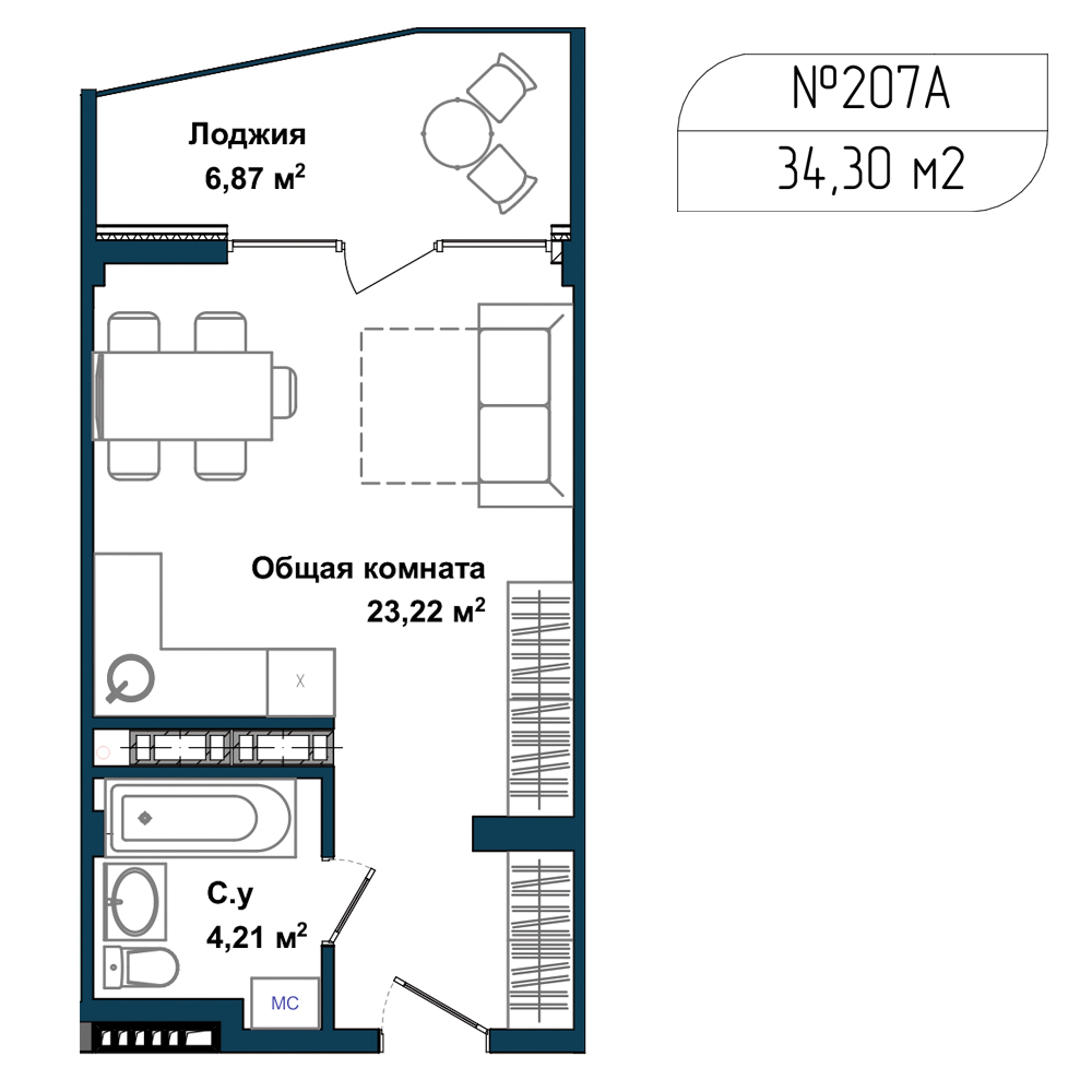 Планировка: Студия · 33,6 м²