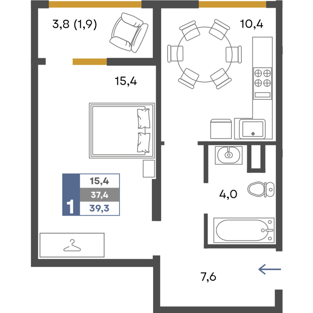 Планировка: 1-комнатная · 39,3 м²
