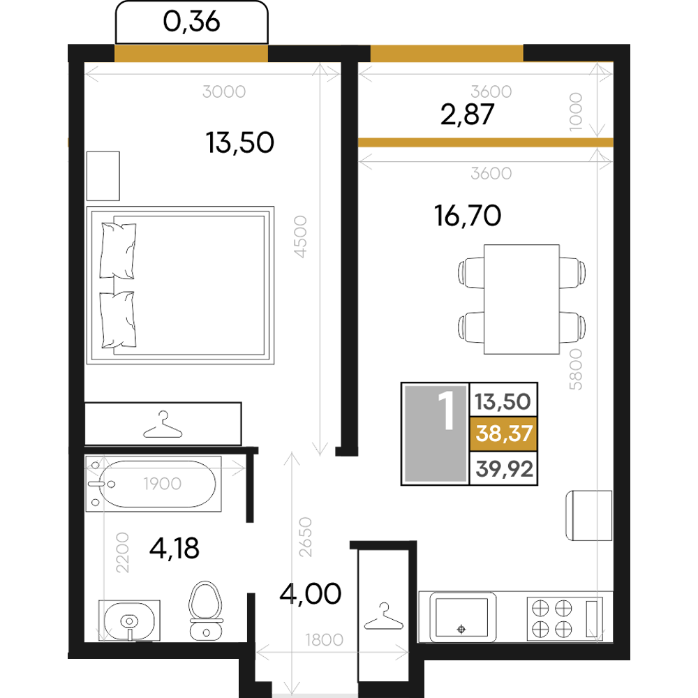 Планировка: 1-комнатная · 39,92 м²