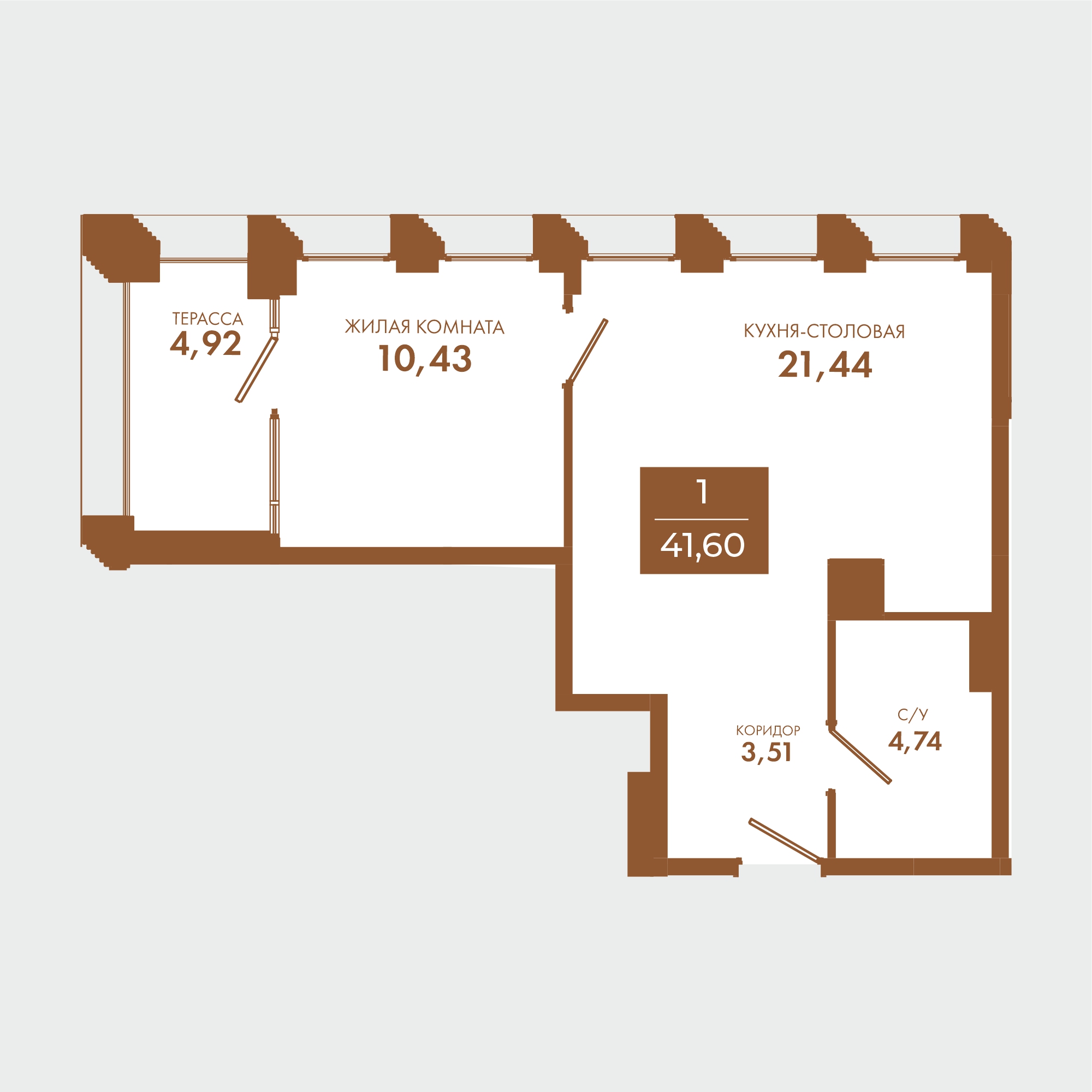 Планировка: 1-комнатная · 41,6 м²
