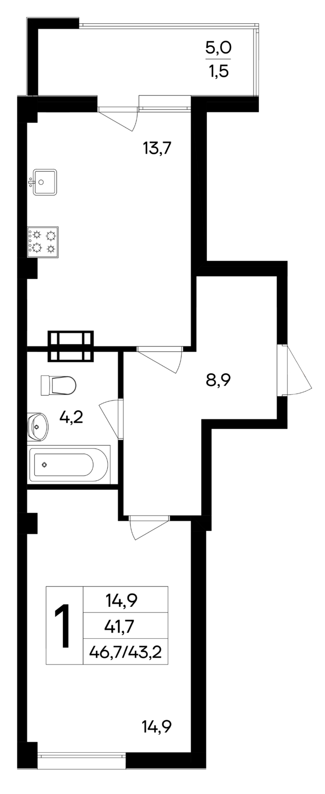 Планировка: 1-комнатная · 46,7 м²