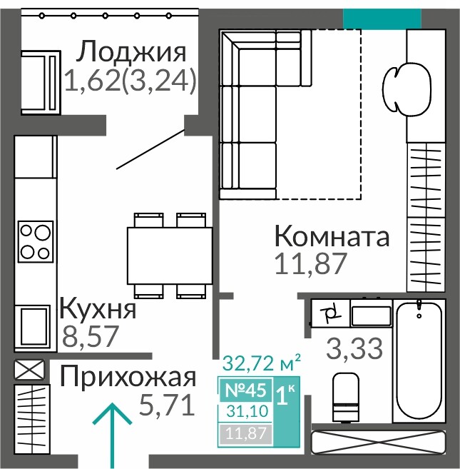 Планировка: 1-комнатная · 31,1 м²