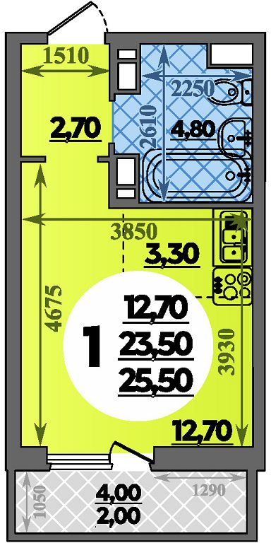 Планировка: Студия · 25,5 м²