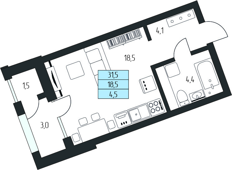 Планировка: Студия · 28,95 м²