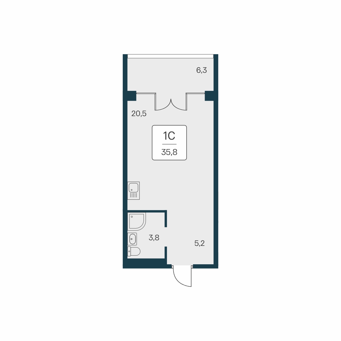 Планировка: Студия · 35,8 м²