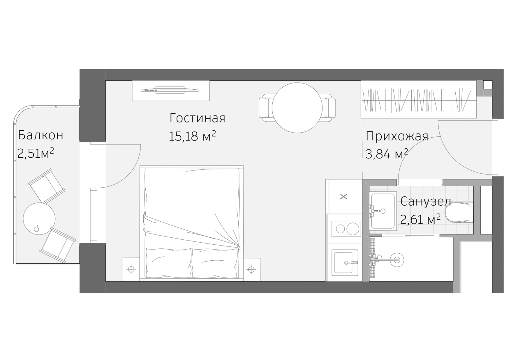 Планировка: Апартаменты · 24,14 м²