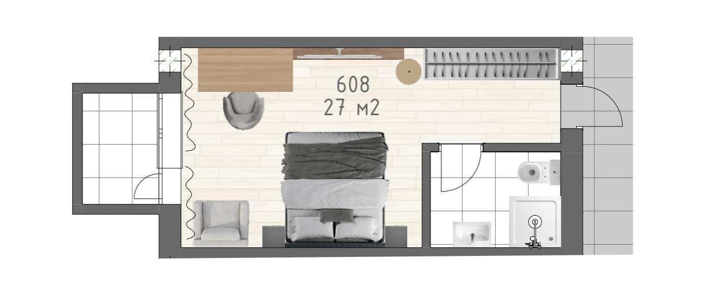 Планировка: Апартаменты · 27 м²
