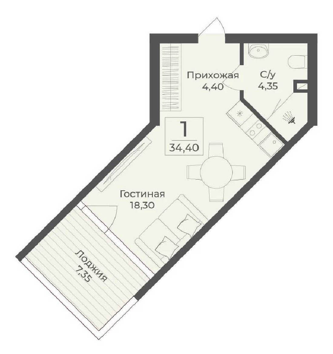 Планировка: 1-комнатная · 34,4 м²