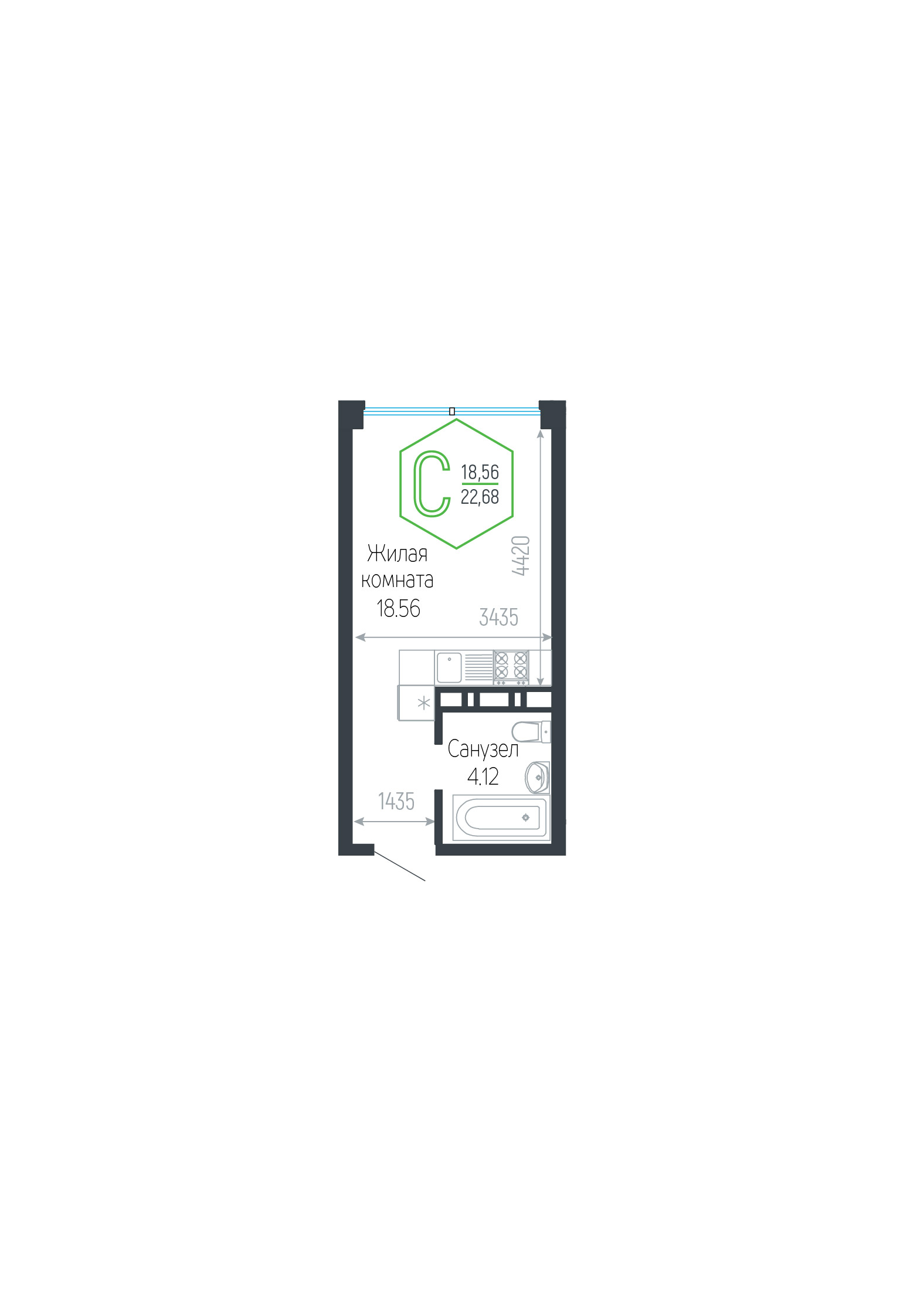 Планировка: Студия · 23,1 м²