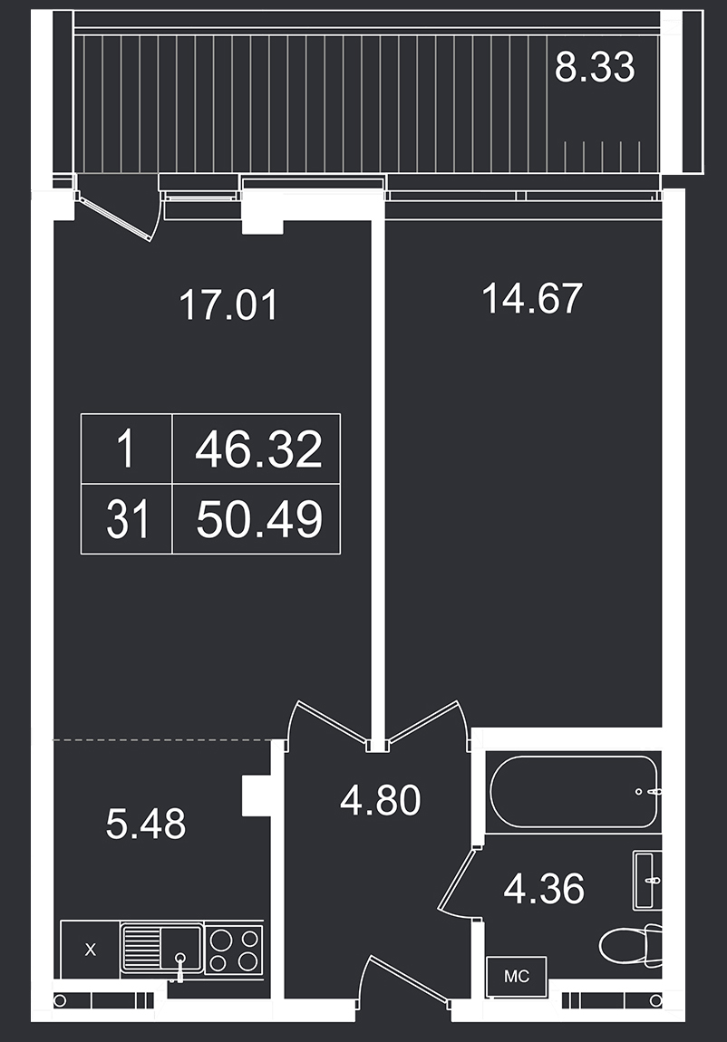 Планировка: 2-комнатная · 50,49 м²