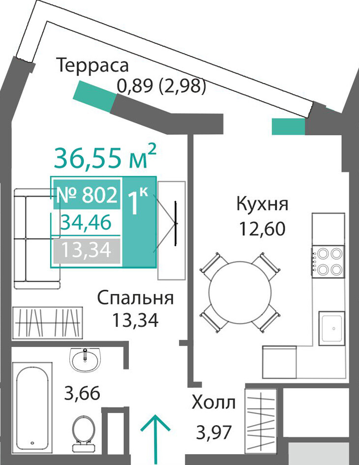 Планировка: 1-комнатная · 34,46 м²