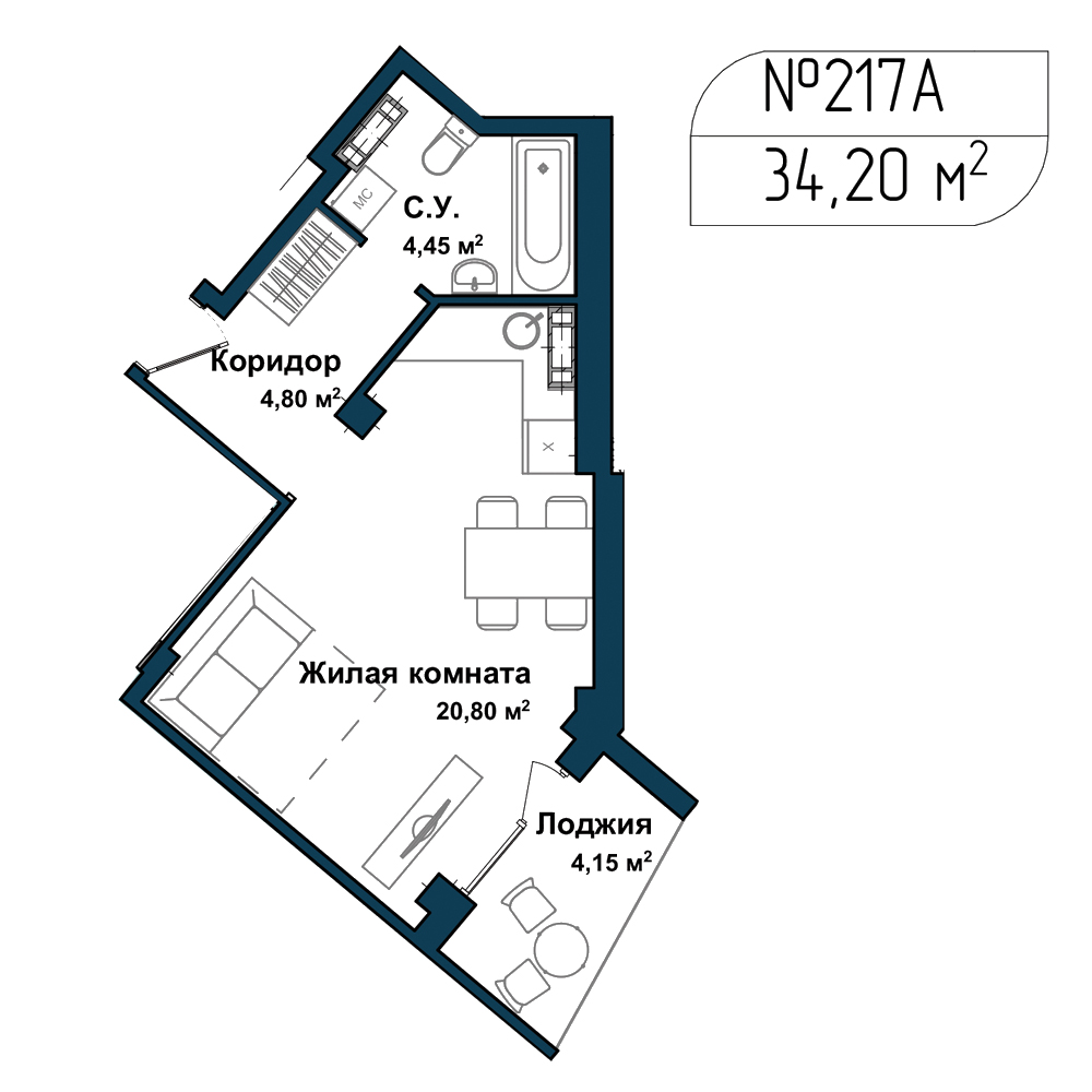 Планировка: Студия · 34 м²