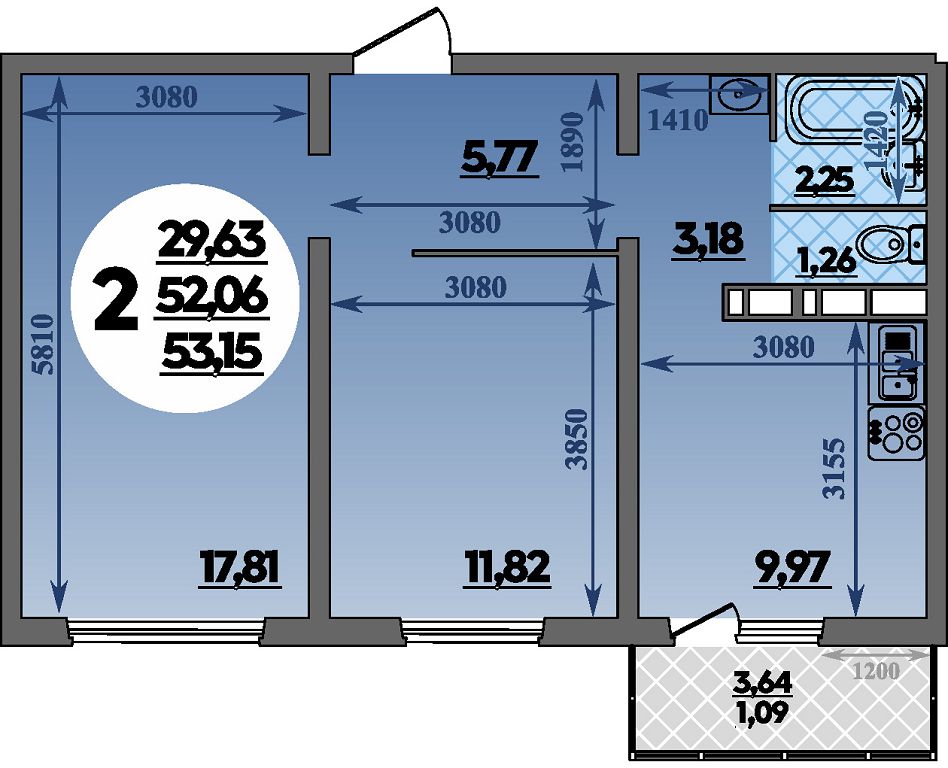 Планировка: 2-комнатная · 53,15 м²