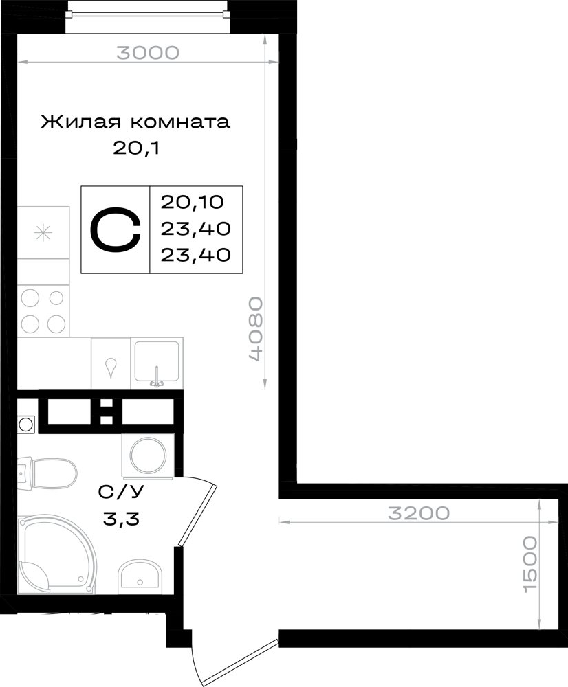 Планировка: Студия · 23,4 м²