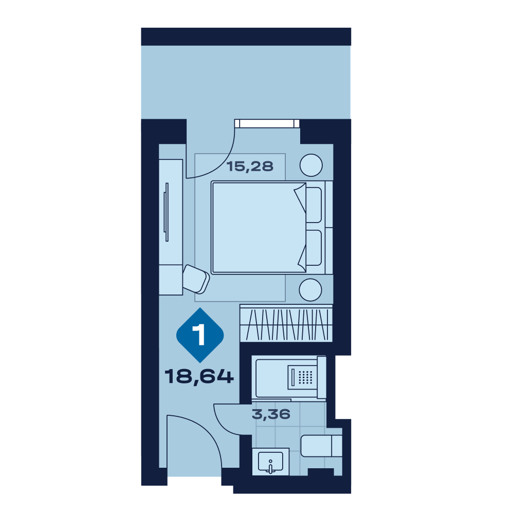 Планировка: 1-комнатная · 18,64 м²