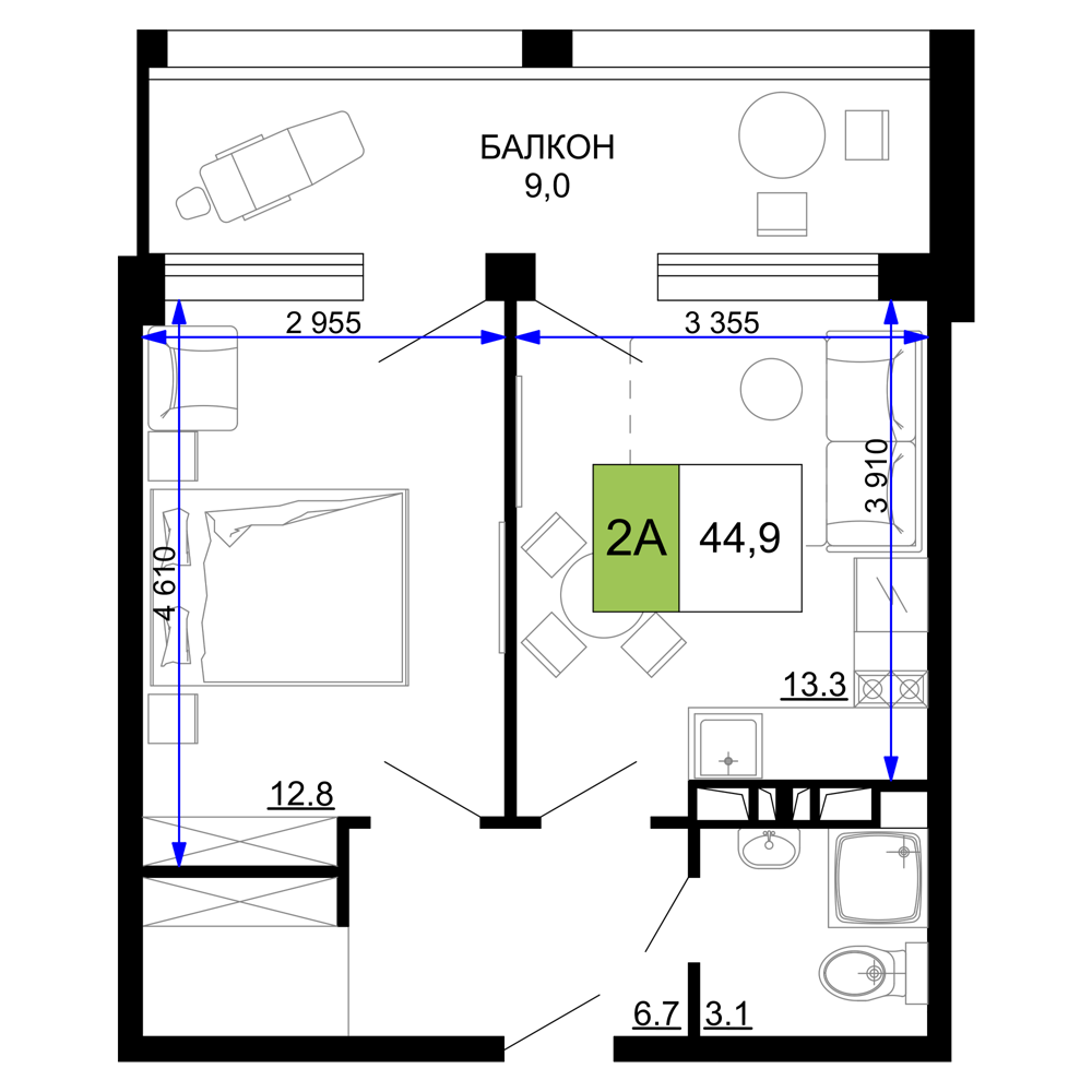 Планировка: 2-комнатная · 44,9 м²