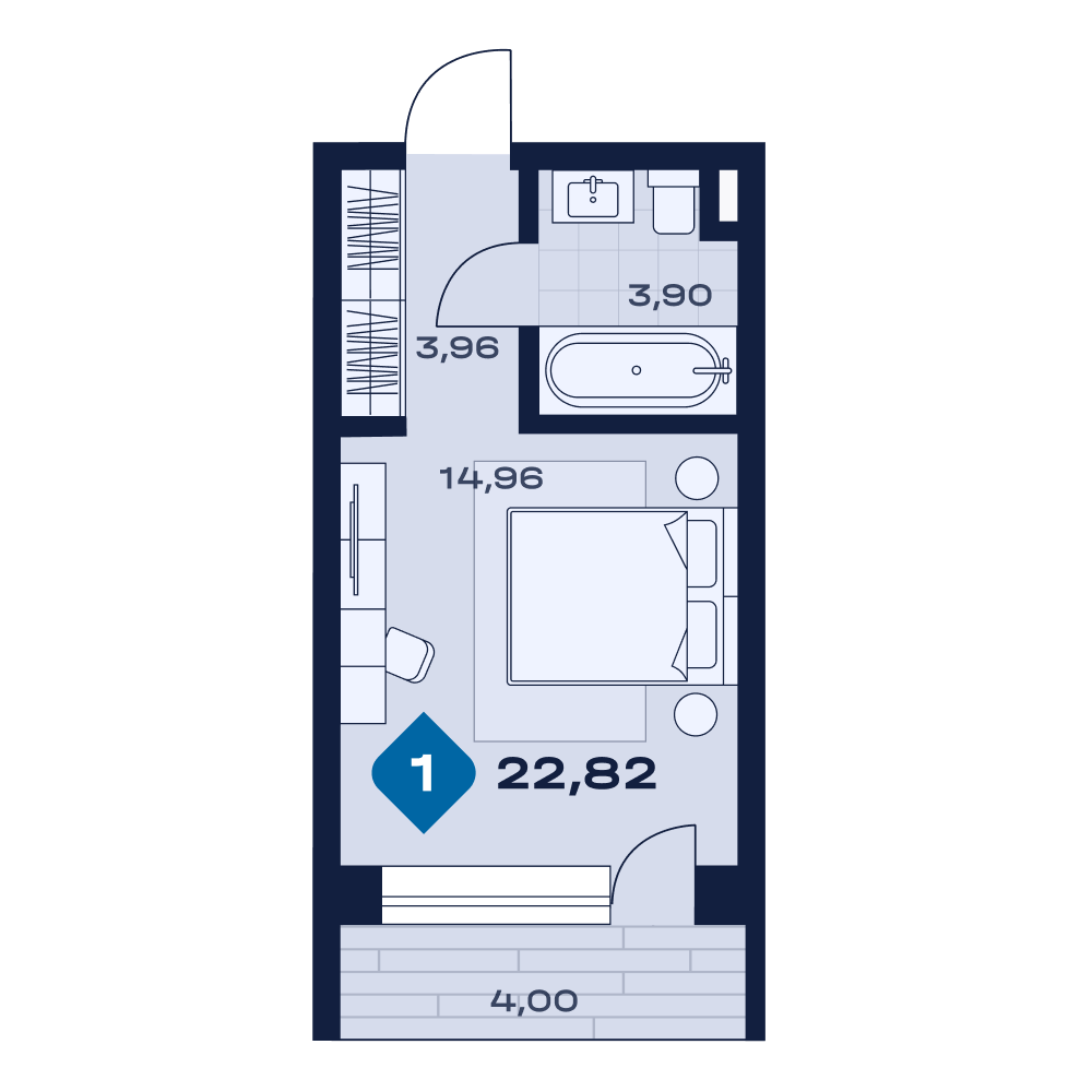 Планировка: 1-комнатная · 22,82 м²