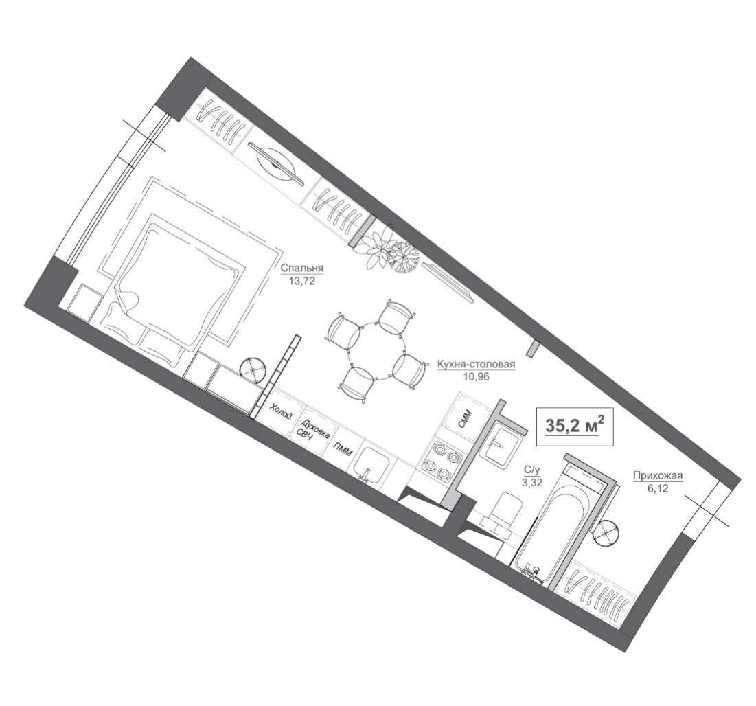 Планировка: Апартаменты · 35,2 м²