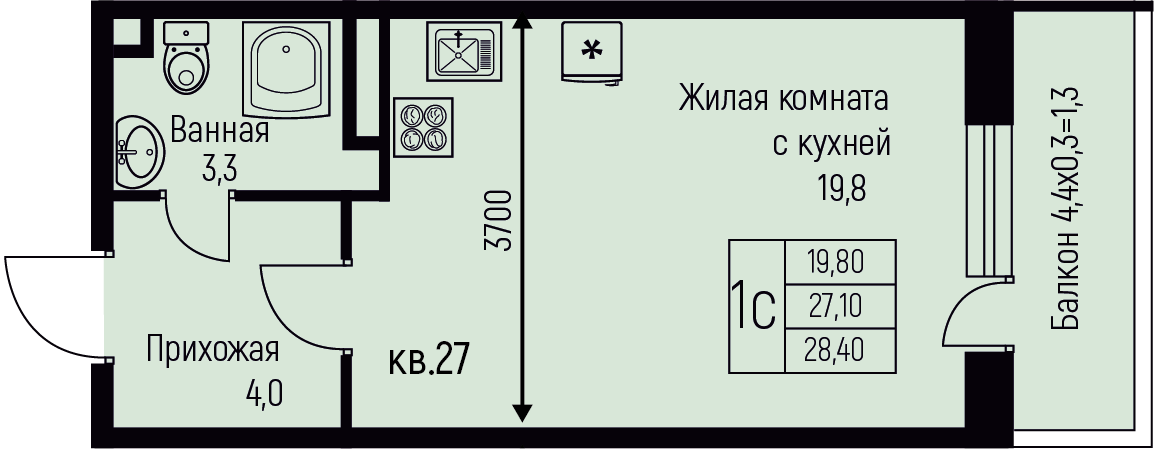 Планировка: Студия · 28,4 м²