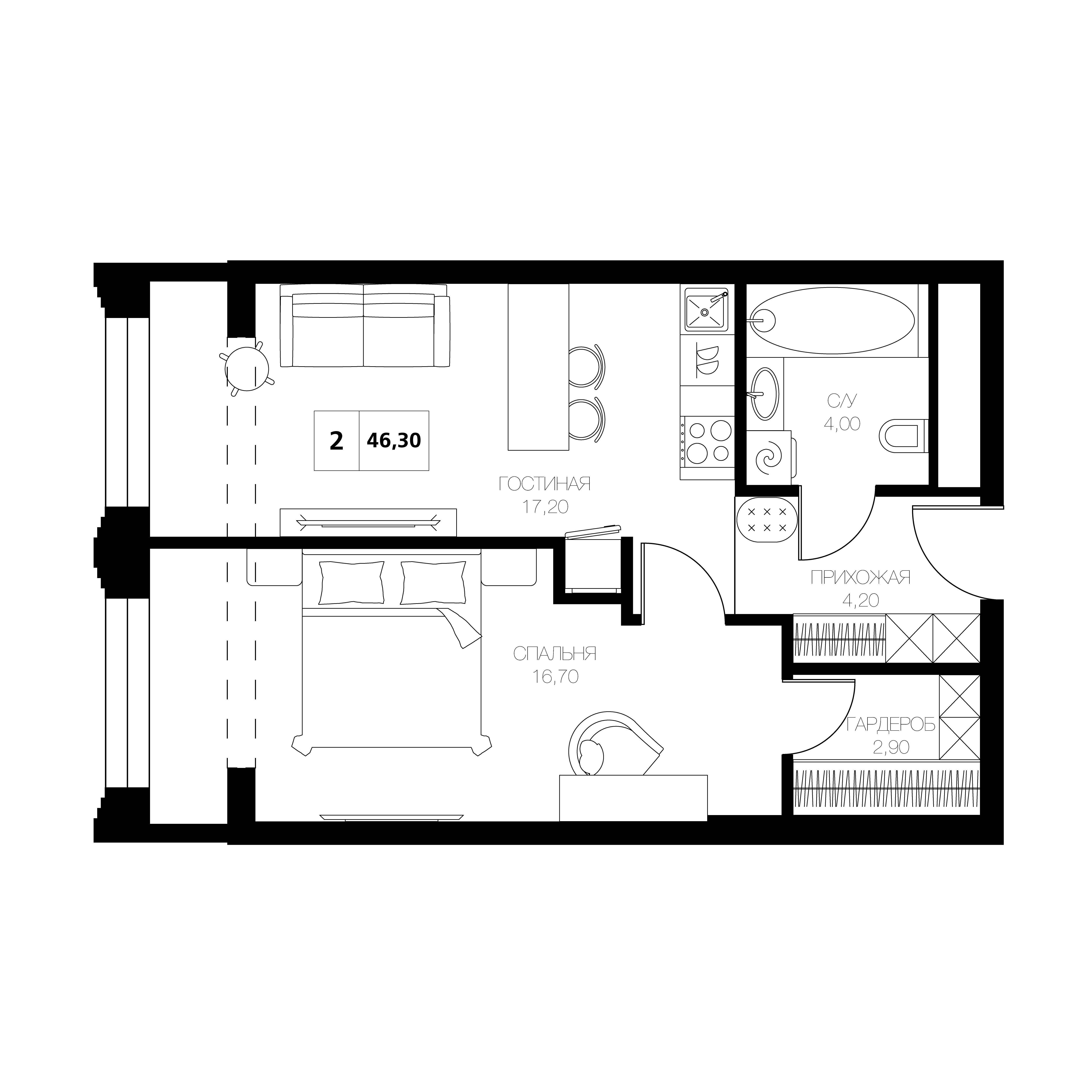 Планировка: Апартаменты · 46,3 м²