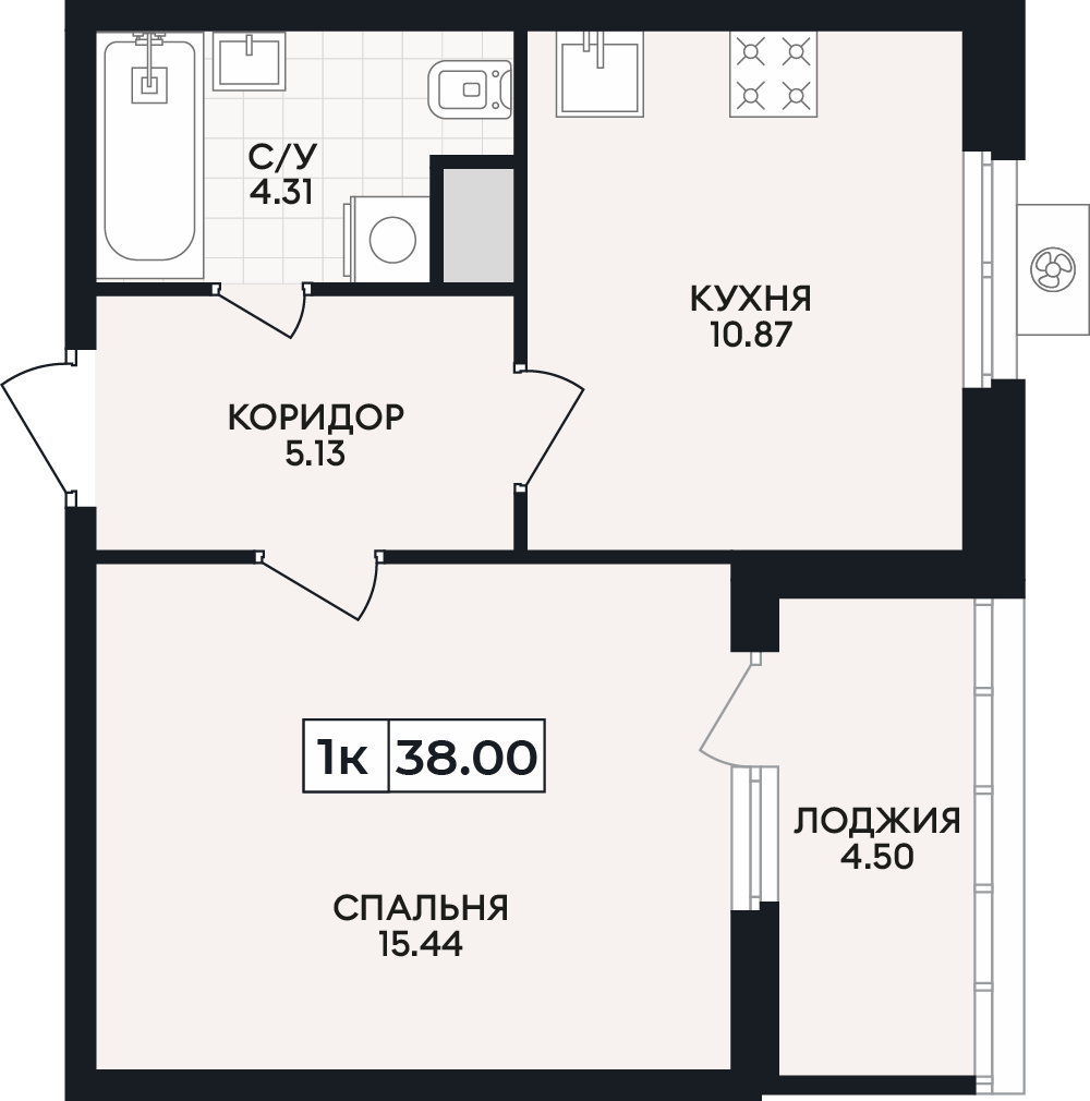 Планировка: 1-комнатная · 38 м²