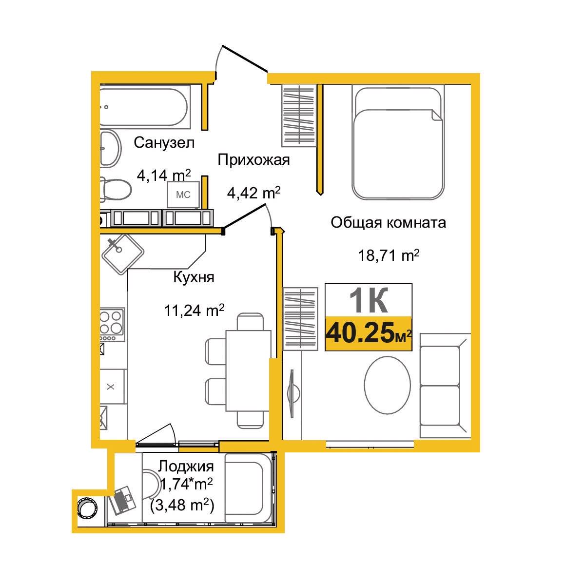 Планировка: 1-комнатная · 38,6 м²