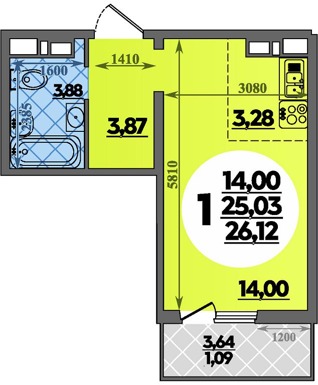 Планировка: Студия · 26,12 м²