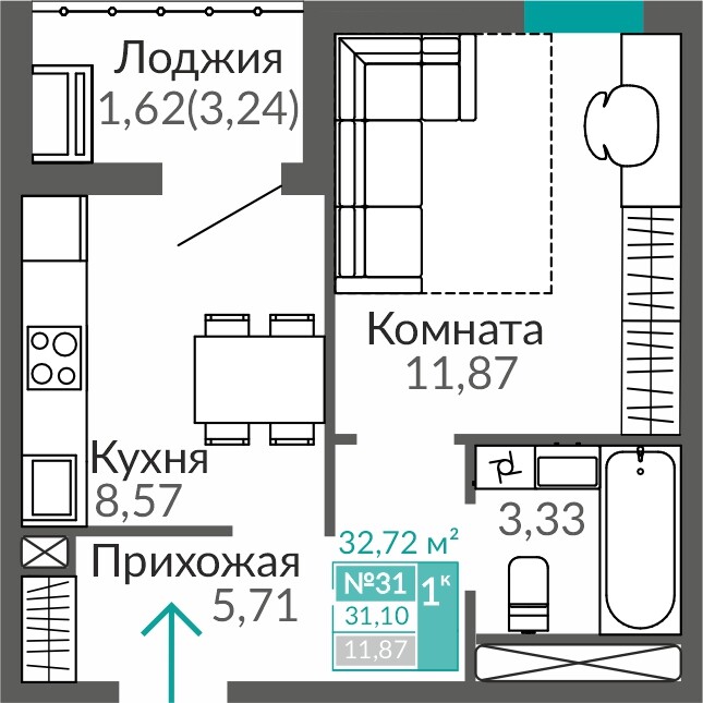 Планировка: 1-комнатная · 31,1 м²