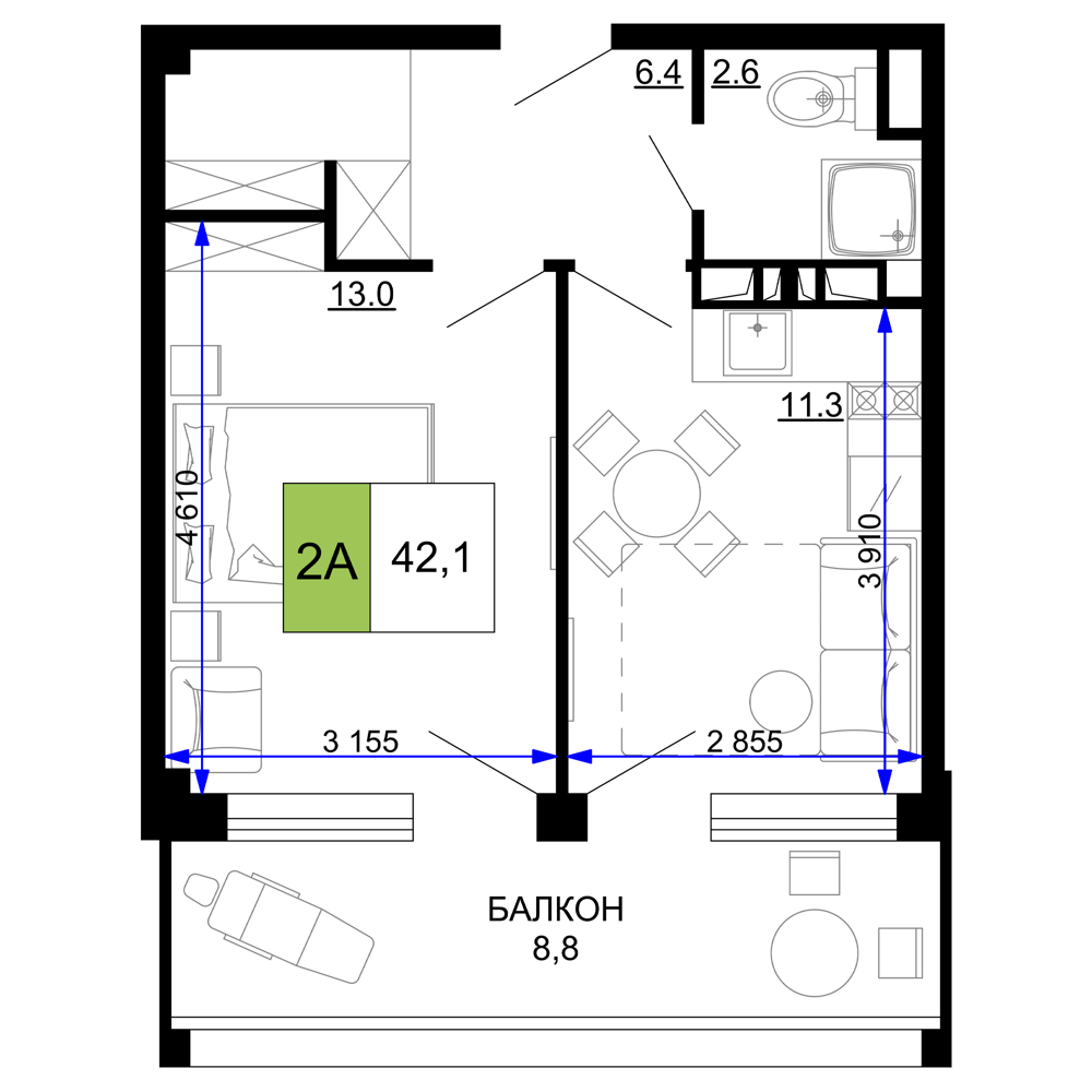 Планировка: 2-комнатная · 42,1 м²