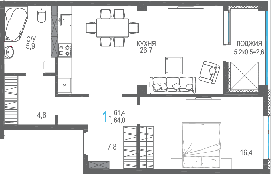 Планировка: 1-комнатная · 66,6 м²