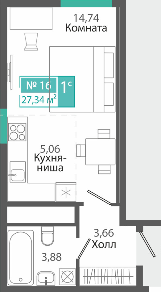 Планировка: 1-комнатная · 27,34 м²