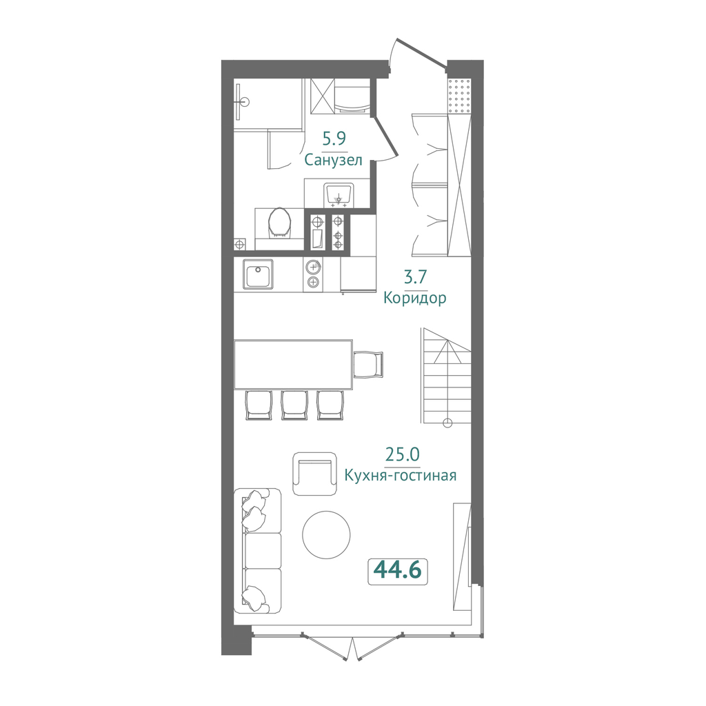 Планировка: Студия · 44,6 м²