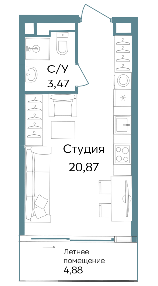 Планировка: Студия · 29,22 м²