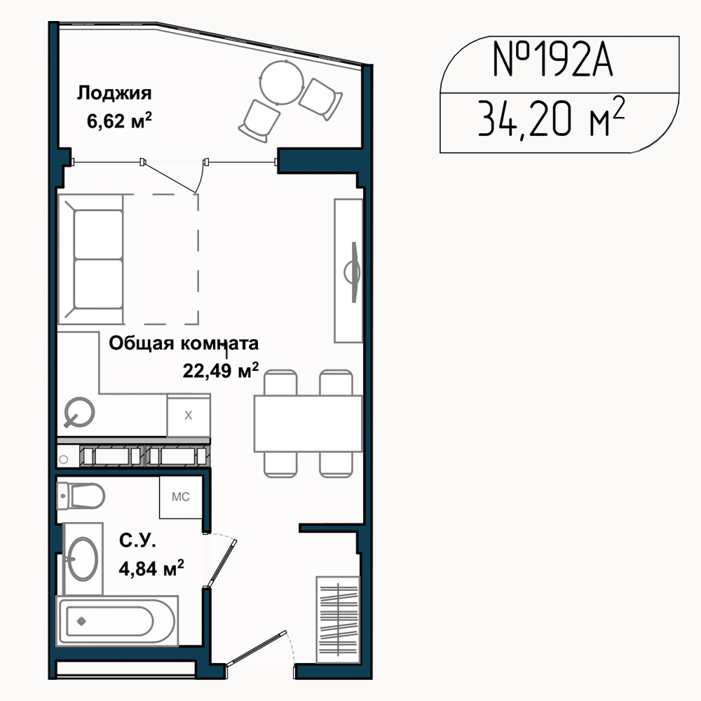 Планировка: Студия · 33,8 м²