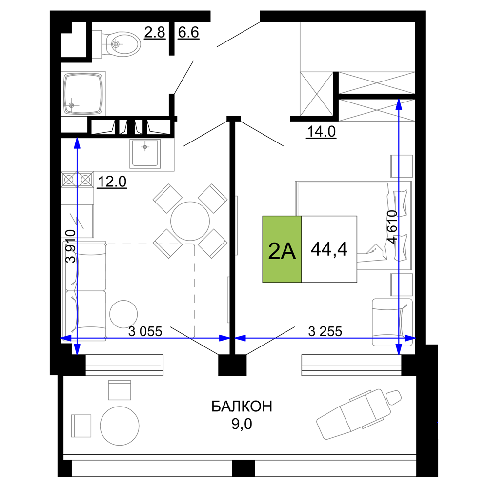 Планировка: 2-комнатная · 44,4 м²