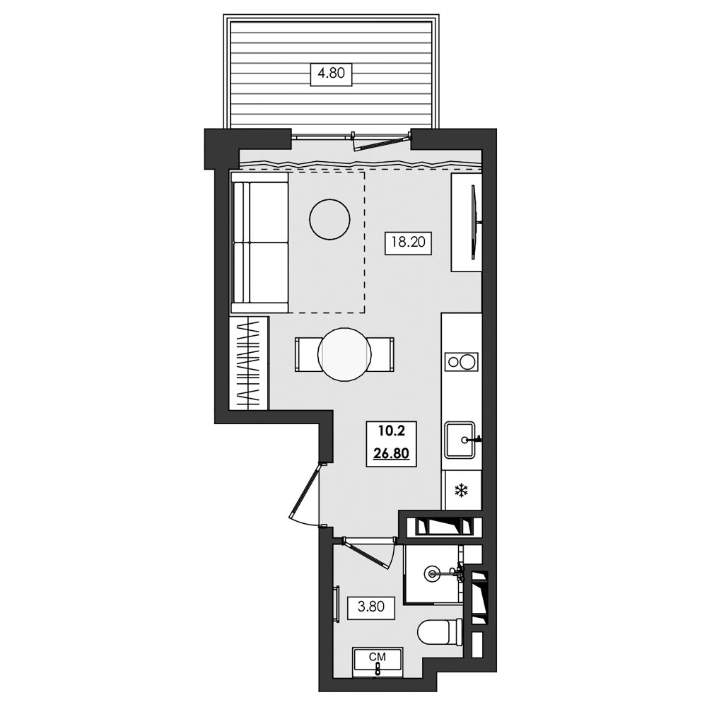 Планировка: Апартаменты · 26,8 м²