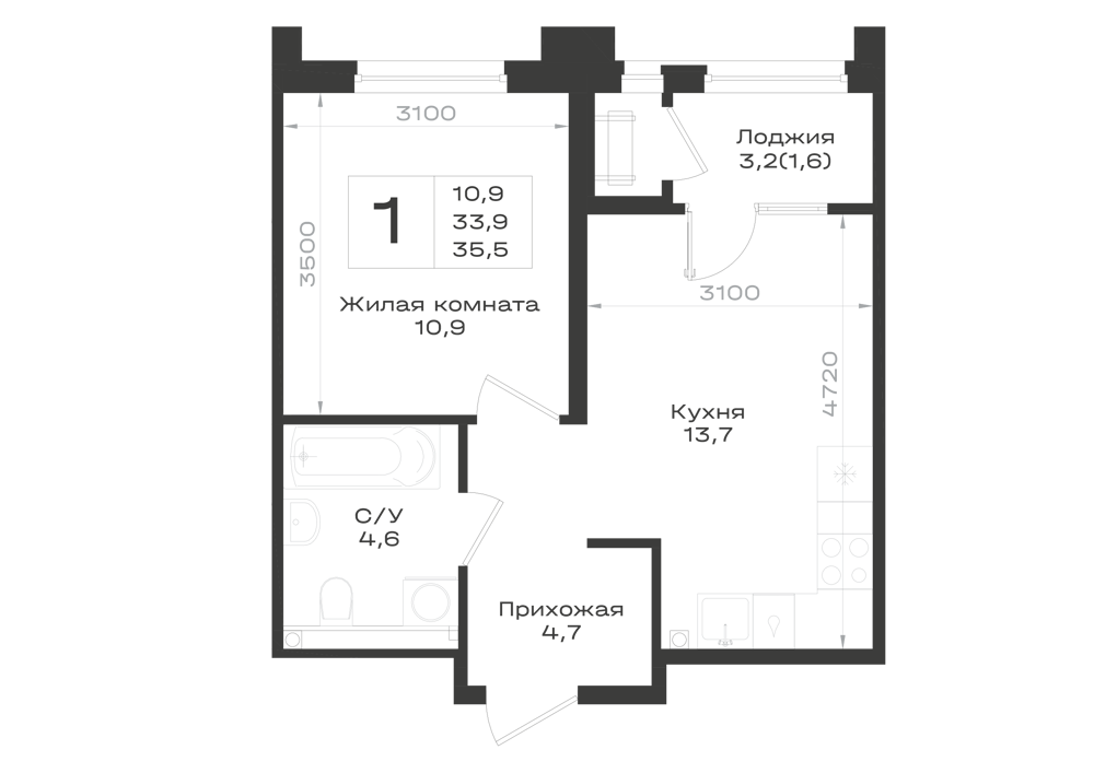 Планировка: 1-комнатная · 35,5 м²
