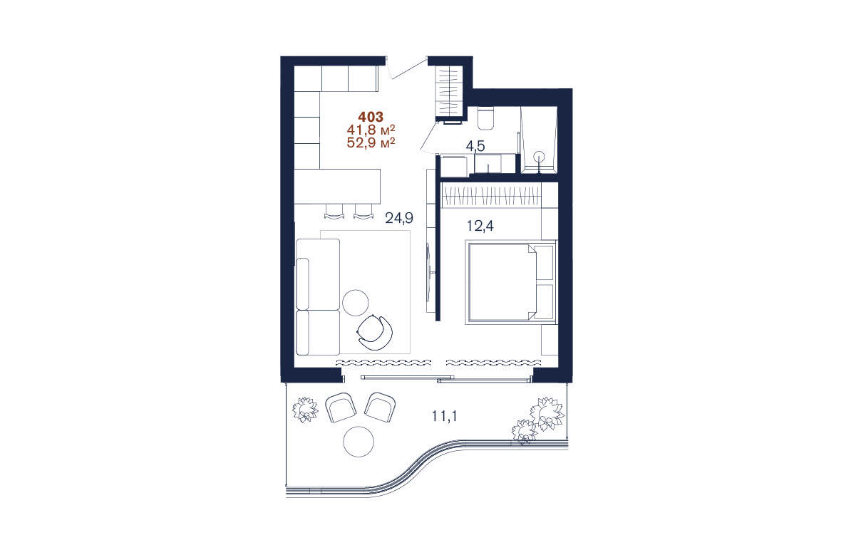 Планировка: 1-комнатная · 52,9 м²