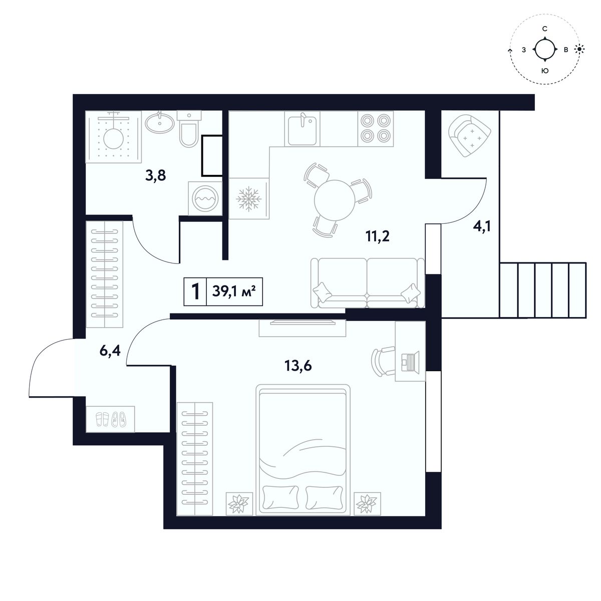 Планировка: Апартаменты · 35,6 м²