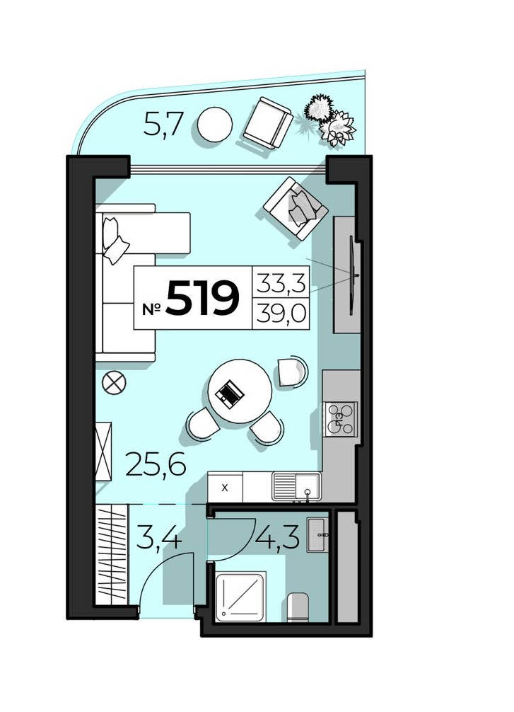 Планировка: 1-комнатная · 39 м²