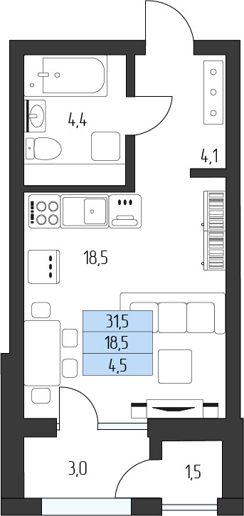 Планировка: Студия · 28,95 м²