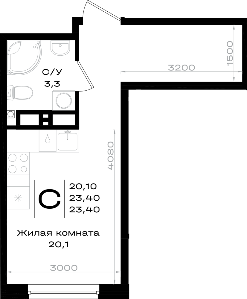 Планировка: Студия · 23,4 м²