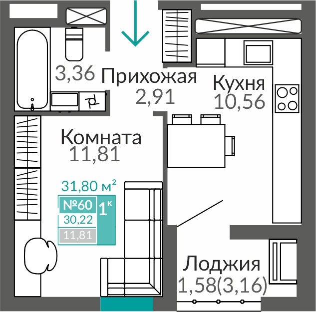 Планировка: 1-комнатная · 30,22 м²