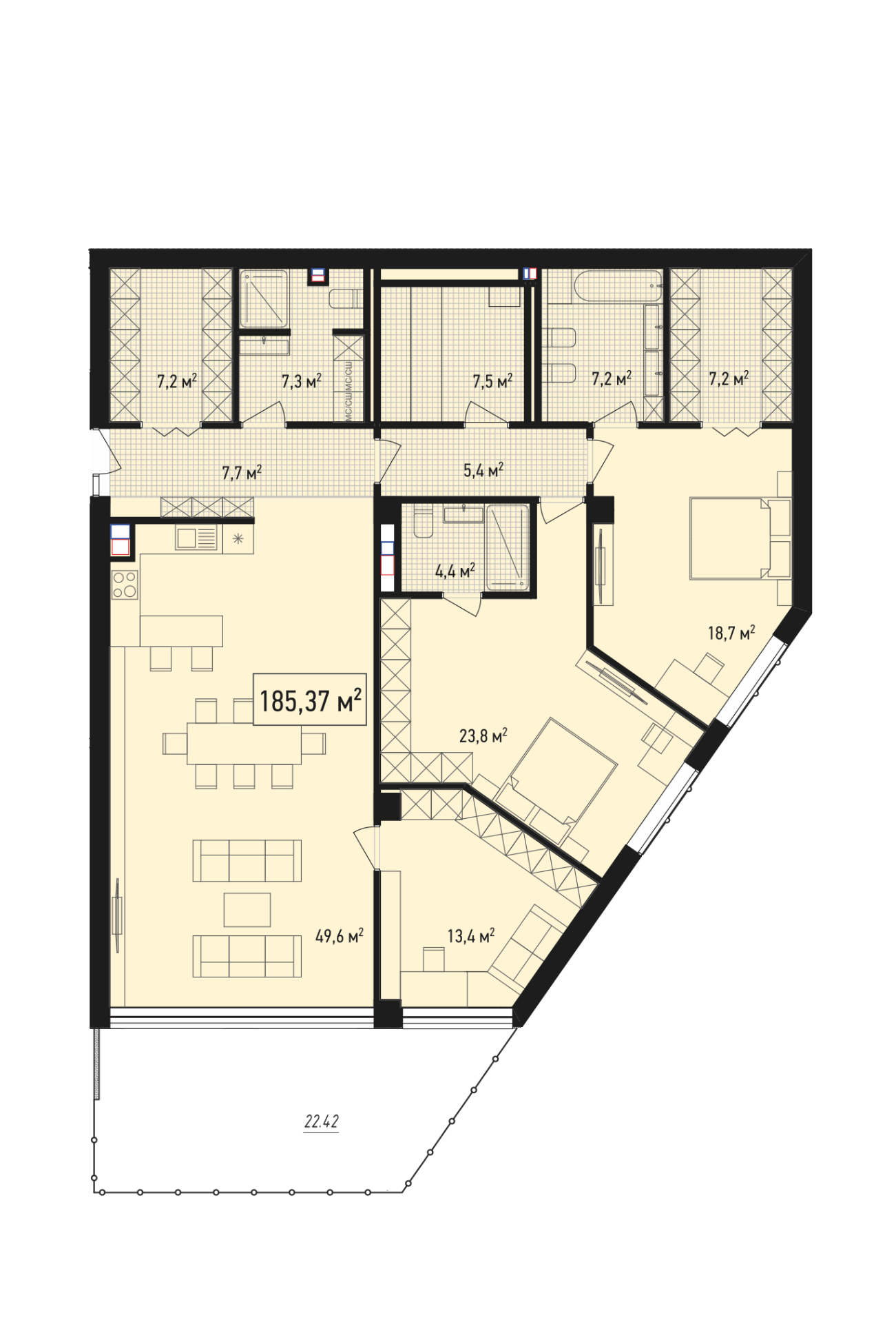 Планировка: 4+ комнаты · 192 м²