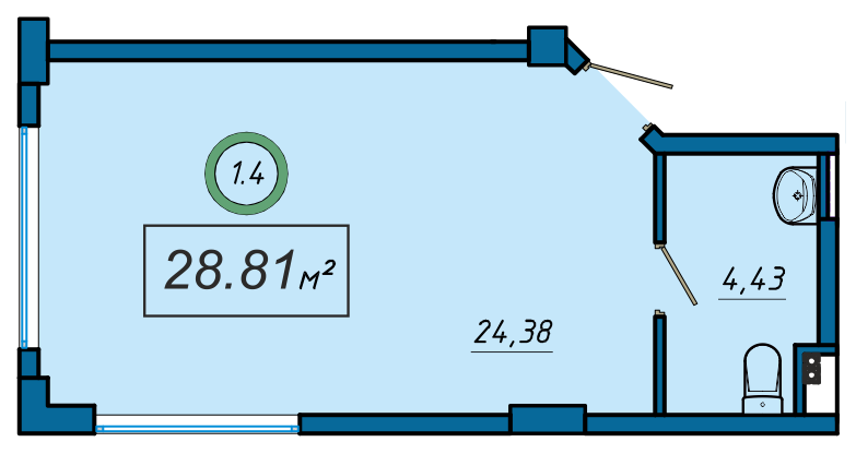 Планировка: 1-комнатная · 28,81 м²