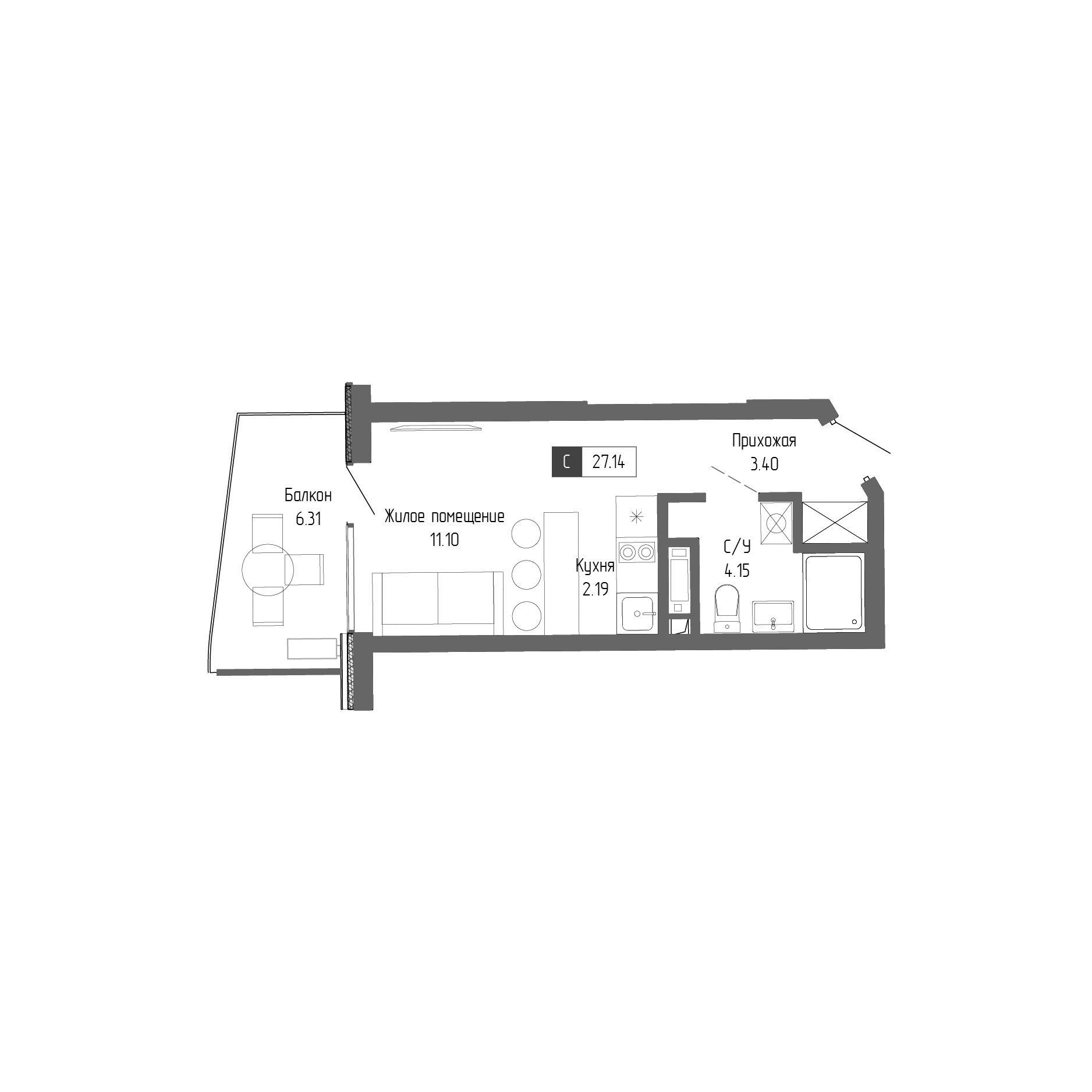 Планировка: Студия · 27,14 м²