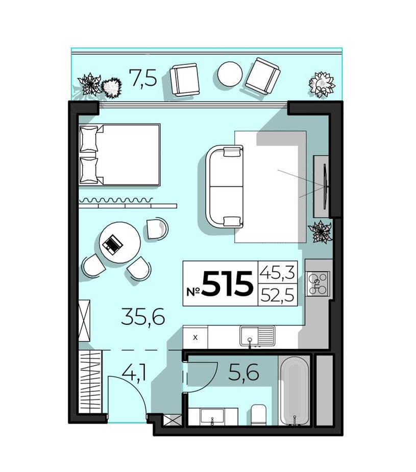Планировка: 2-комнатная · 52,5 м²