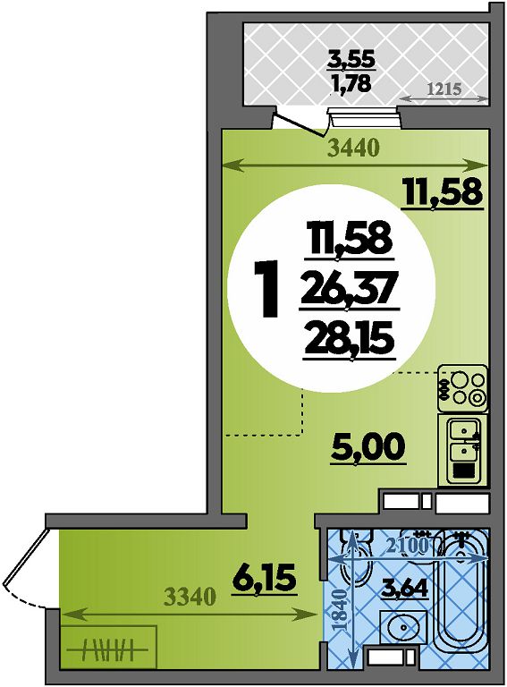 Планировка: Студия · 28,15 м²